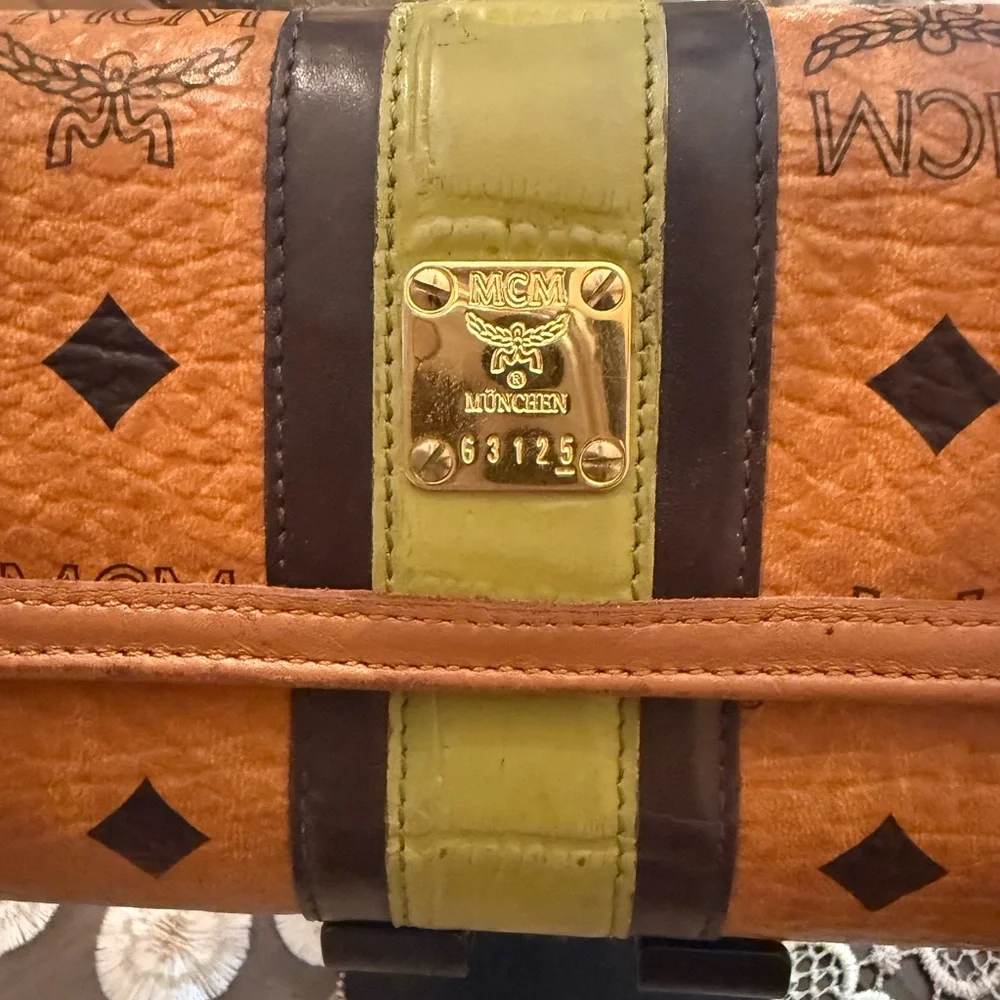 MCM Cognac Leather Wallet with Olive and Black Center Stripe - Picture 3 of 14